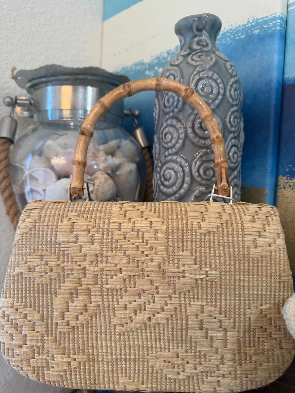 Tommy Bahama Woven Straw Bag with Bamboo Handle and Gold Crossbody Chain
